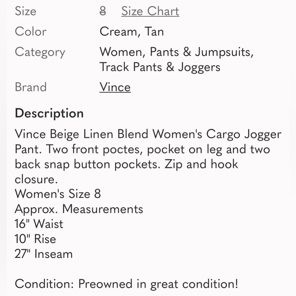 VINCE Linen Blend Cargo Jogger Women's Pant Size 8 - Picture 8 of 8